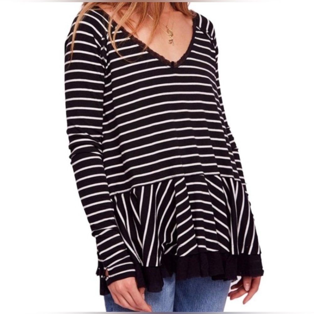 We The Free by Free People Tangerine Long Sleeve Peplum Top - Black Stripe